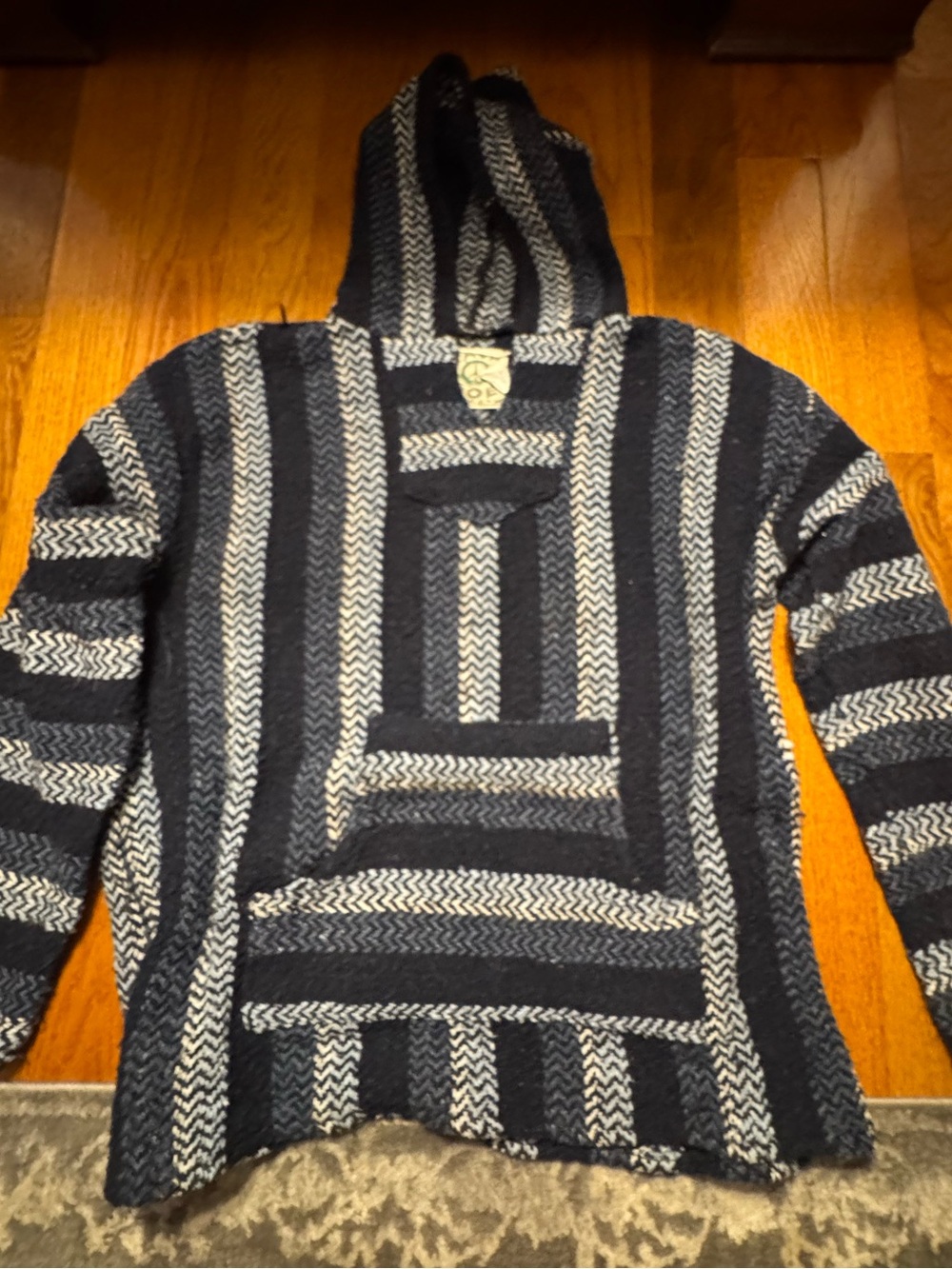 Striped Hooded Baja Knit Sweater - Navy & Cream